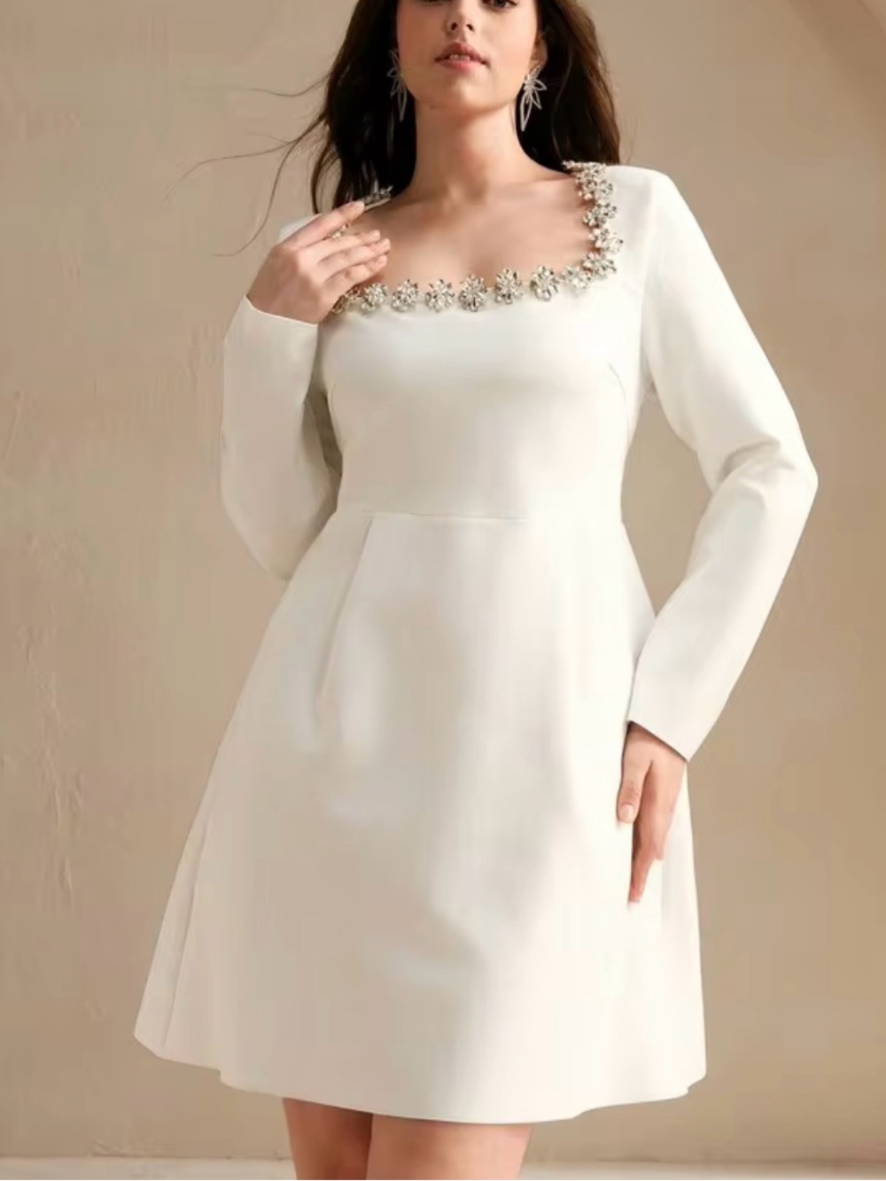 Anewsta Plus Size Women Clasic White Long Sleeve fitted A-line short dress